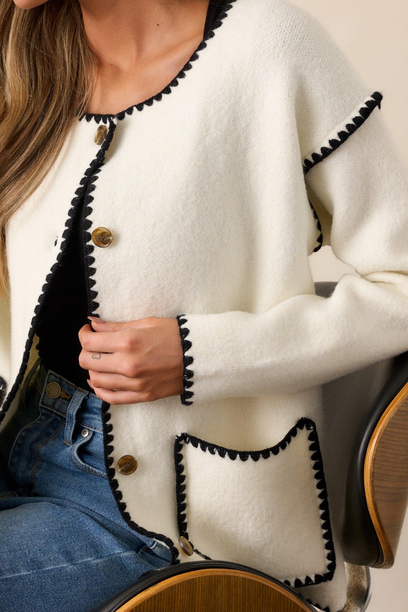Fleeting Whispers White Blanket Stitch Cardigan Product Image