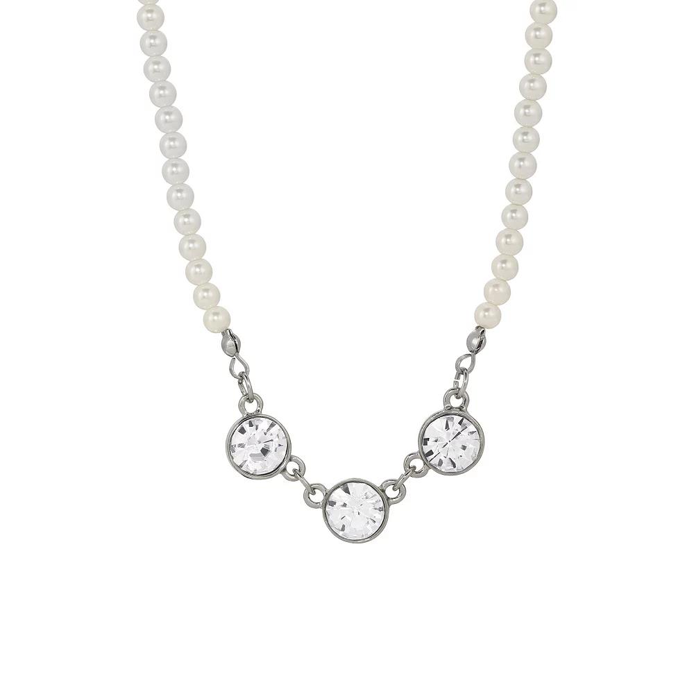 1928 Faux Pearl Strand Three Round Crystal Necklace, Womens, White Product Image