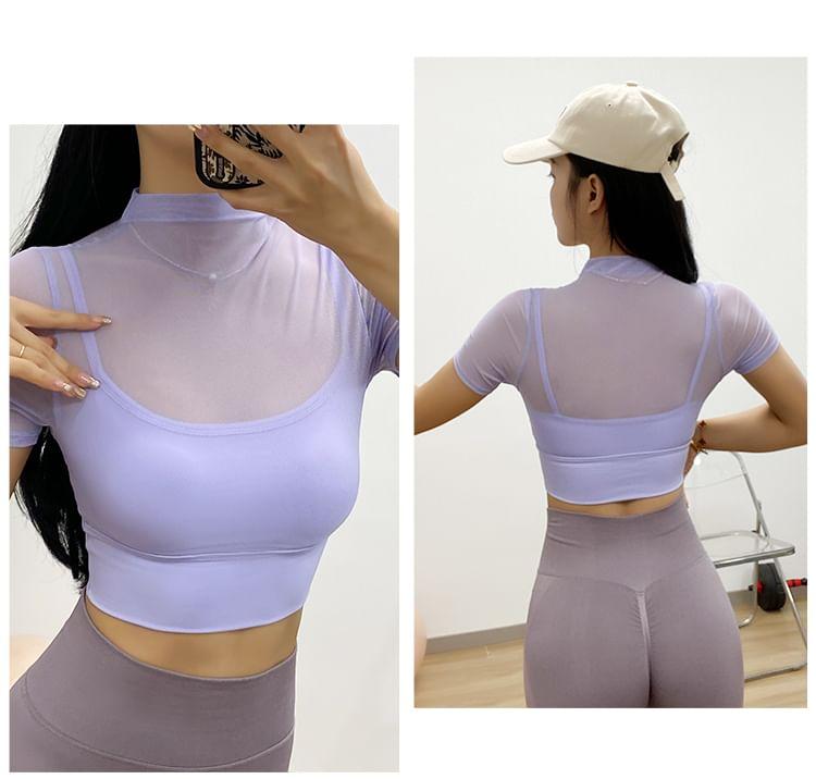 Short-Sleeve Mock Neck Plain Mesh Panel Cropped Sports T-Shirt Product Image