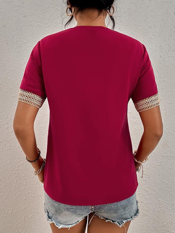 Casual Loose Lace Split-Joint V-Neck T-Shirts Tops Product Image