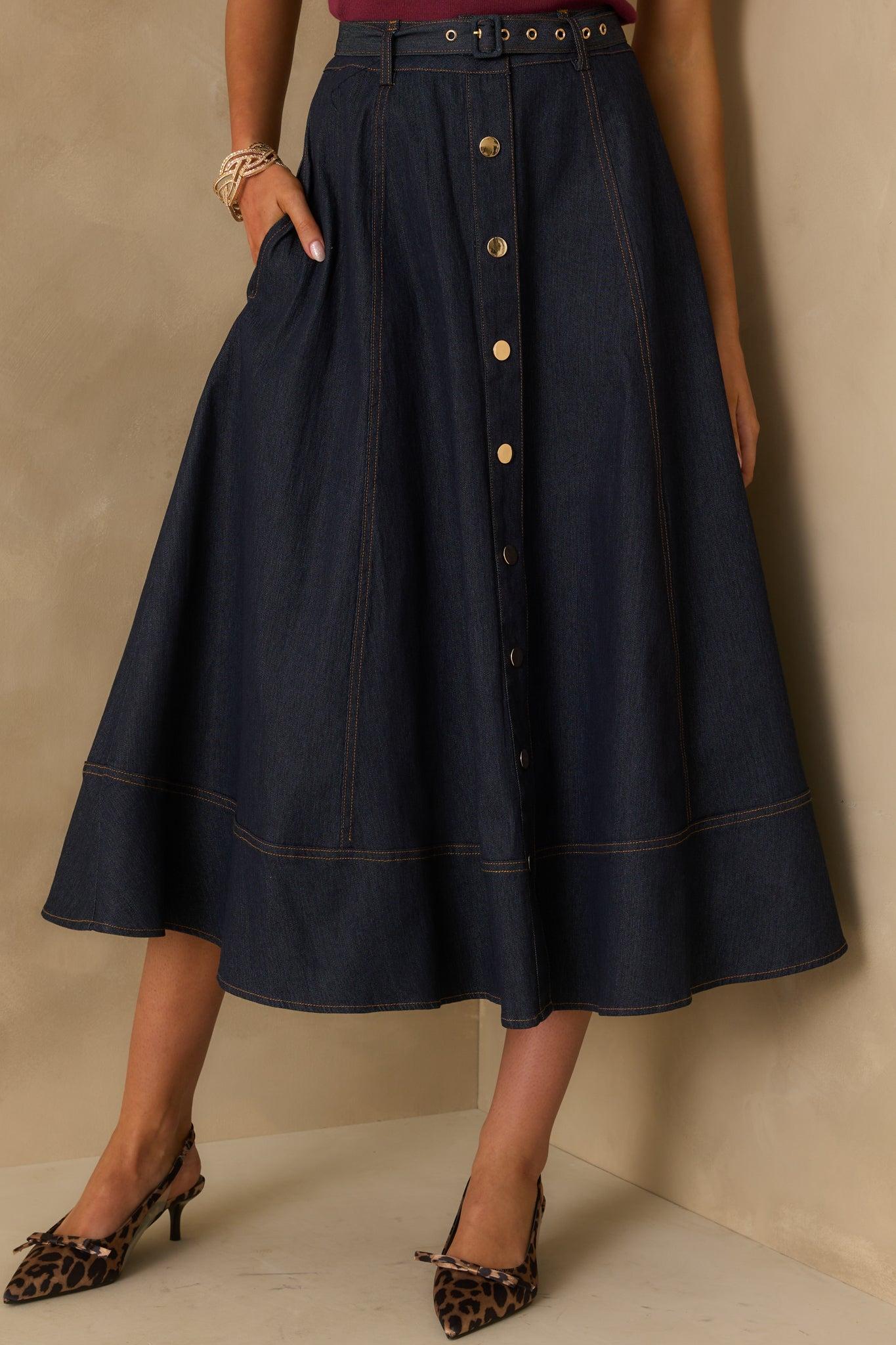 On The Books Dark Wash Cotton Denim Button Up Midi Skirt L / Dark Wash Product Image