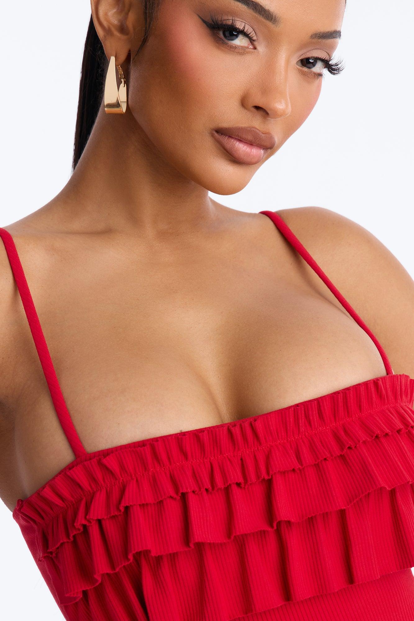 Paloma Ruffle Ribbed Midi Dress - Red Female Product Image