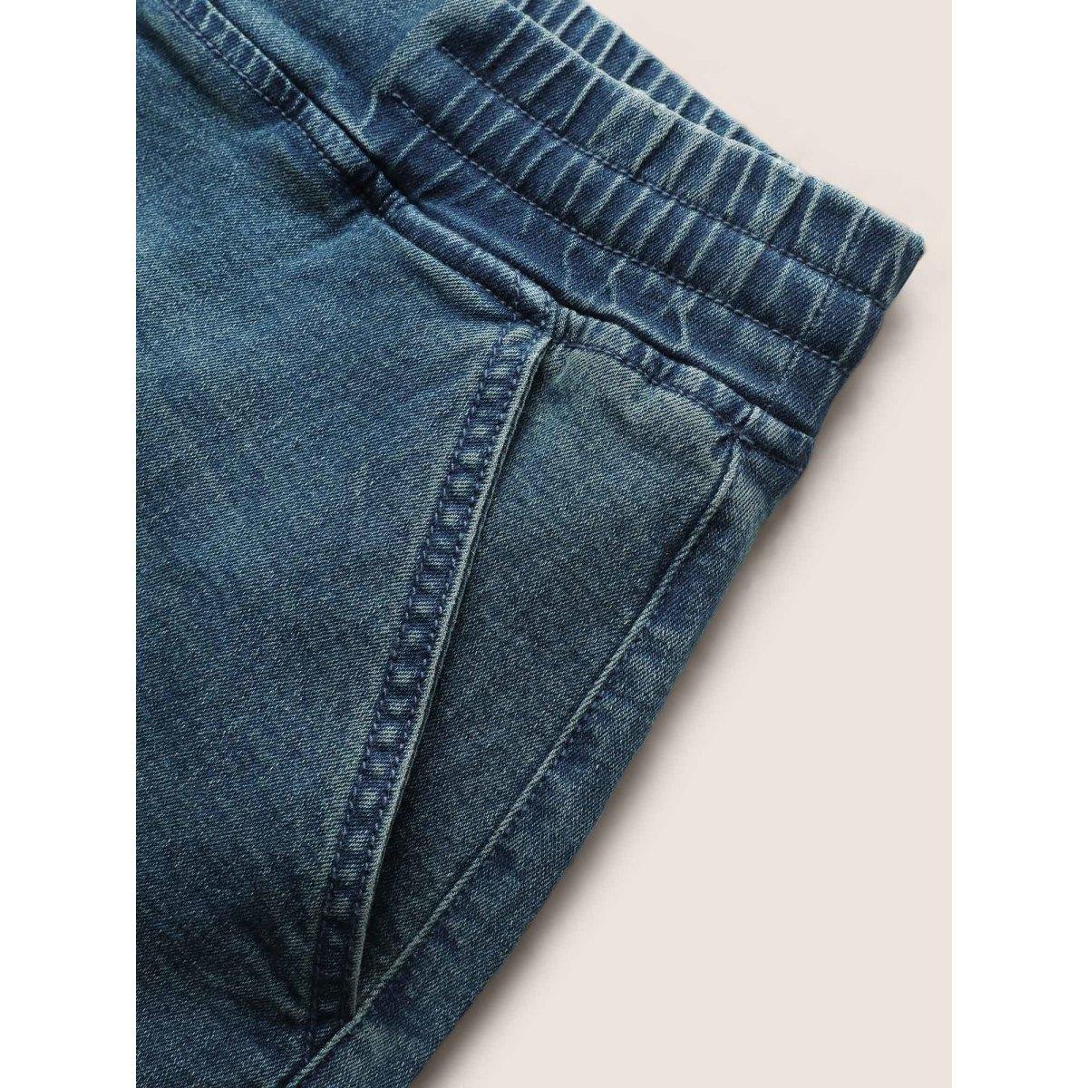 Plus Size Dark Wash Roll Hem Drawstring Denim Shorts Women Denimblue Roll Hem High stretch Everyday Slanted pocket Casual Denim Shorts BloomChic 24/3X Product Image