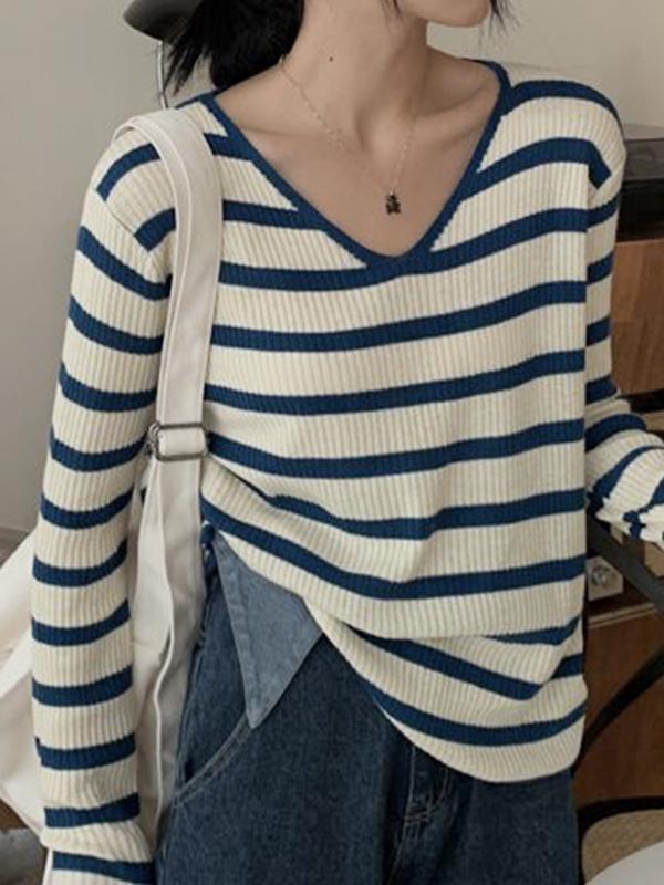 V Neck Stripe Long Sleeve Knit Product Image