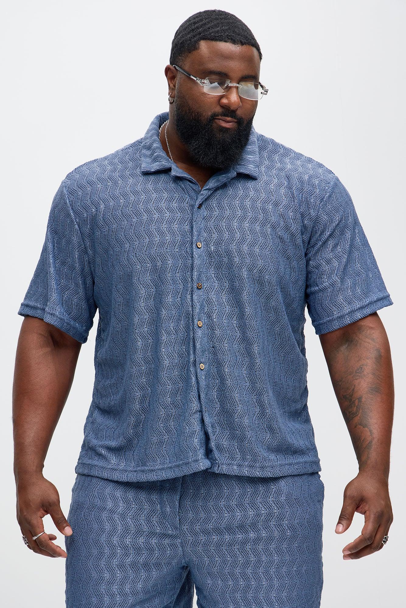 Echo Textured Short Sleeve Button Up - Blue Product Image