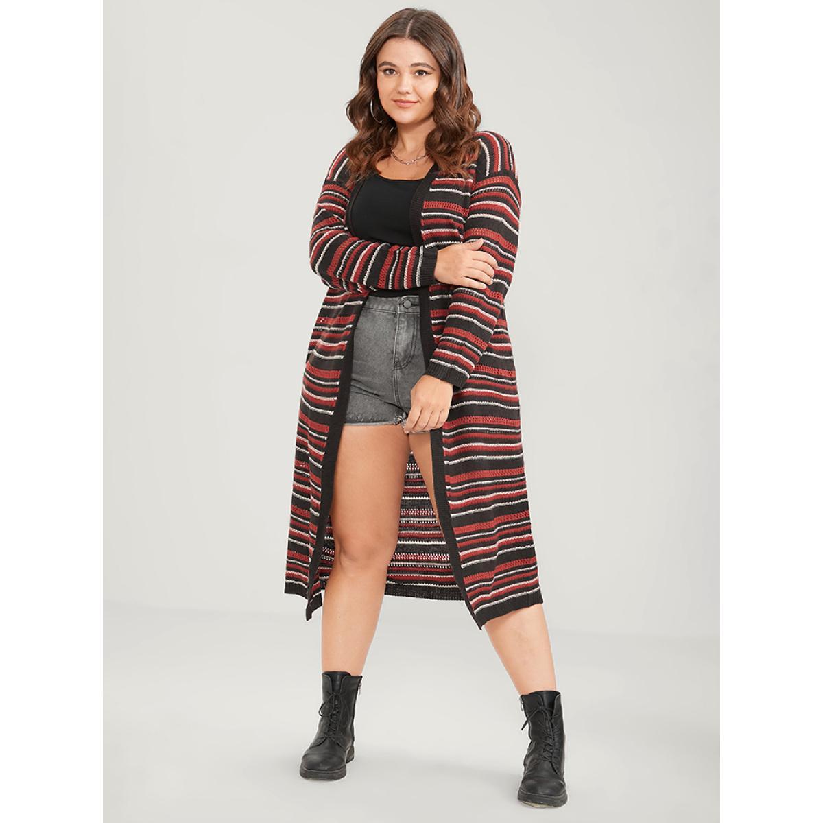 Plus Size Striped Contrast Pointelle Knit Pocket Open Front Long Cardigan Multicolor Women Casual Loose Long Sleeve Dailywear Cardigans BloomChic 18-20/2X Product Image