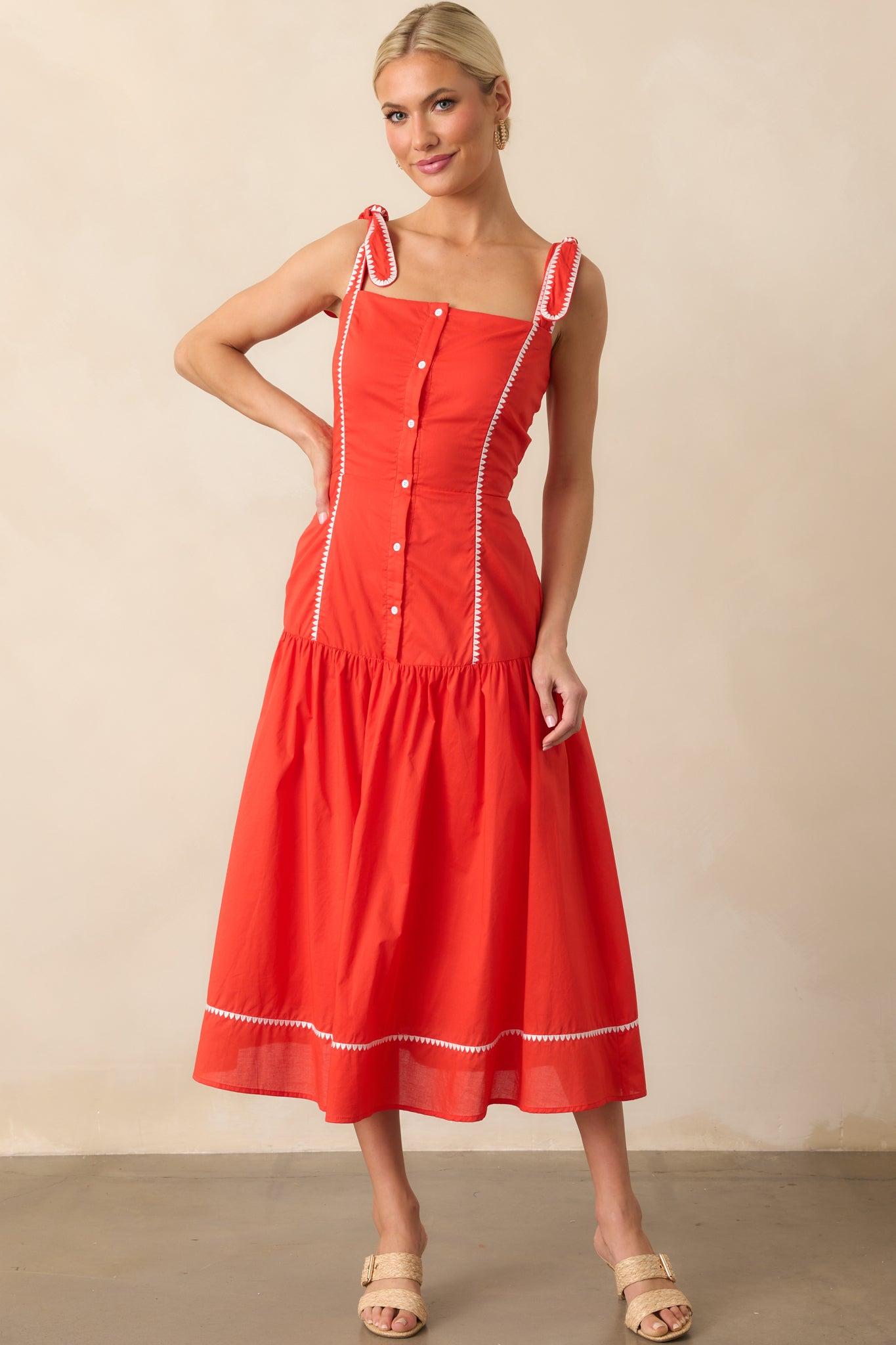 Everything She Is Tomato Red Cotton Drop Waist Midi Dress Product Image