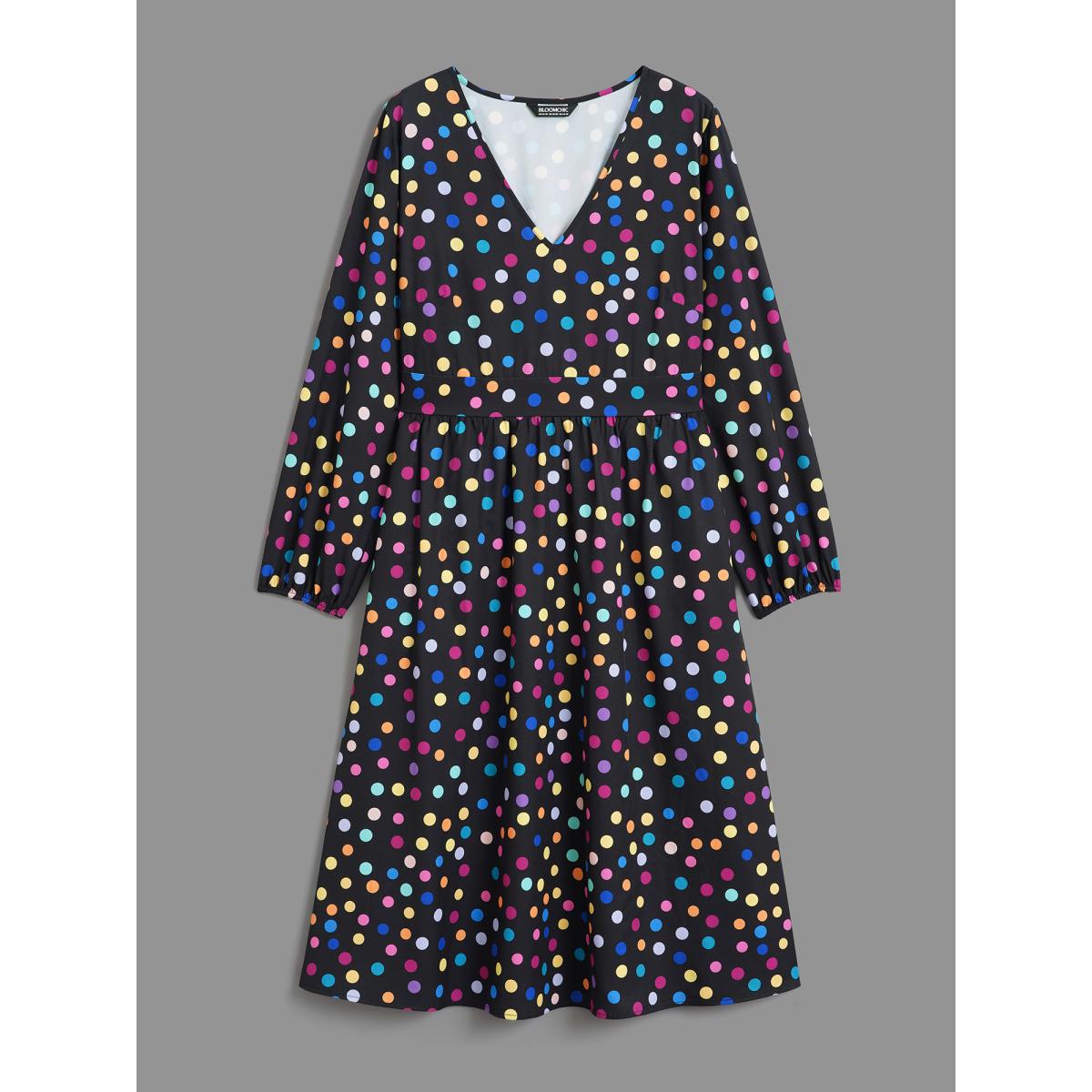 Plus Size Multi-Color Polka Dot Stretchy-Waist Dress Black Women Elegant Non V-neck Long Sleeve Curvy BloomChic 14-16/1X Product Image
