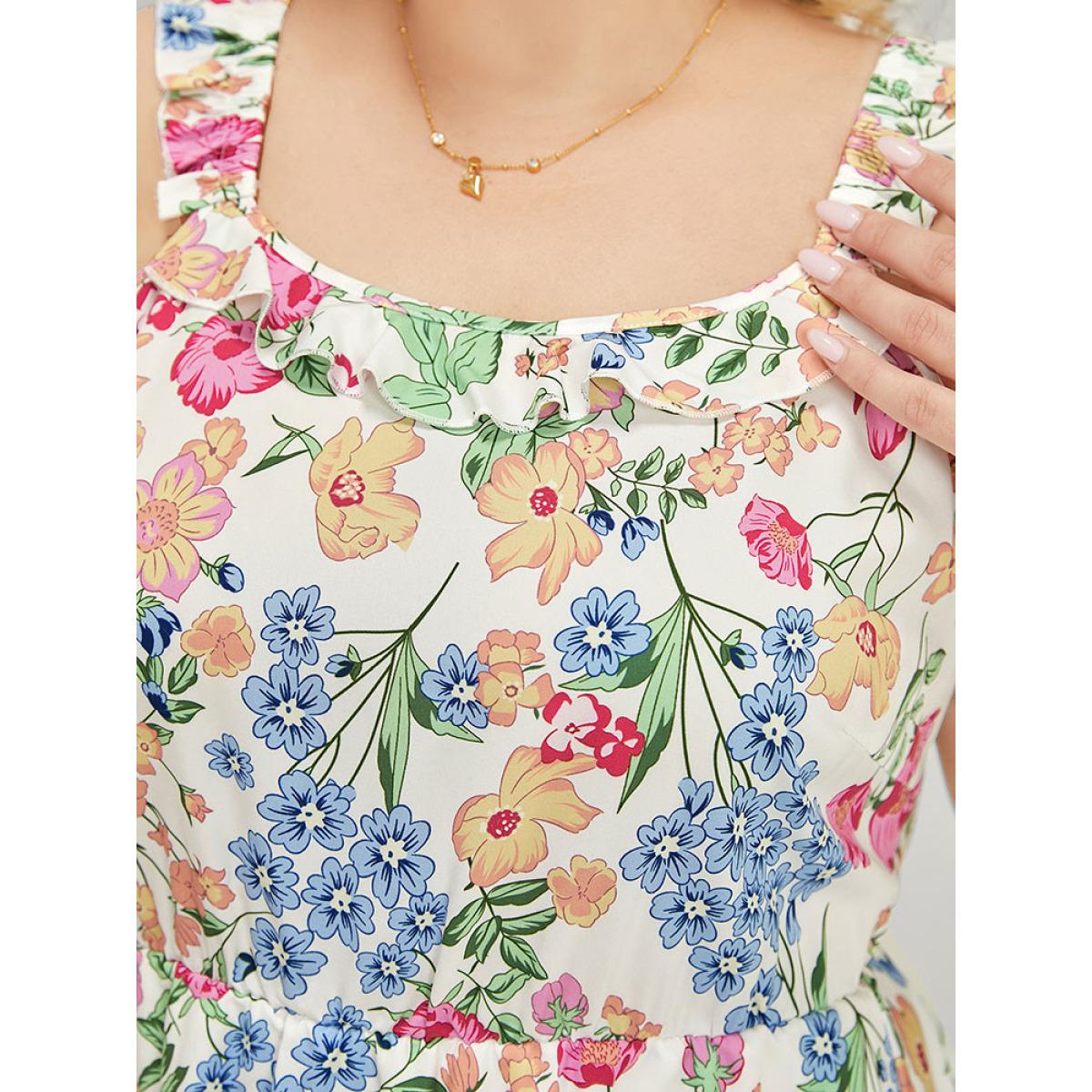 Plus Size Floral Arc Hem Pocket Square Neck Ruffle Trim Cami Dress Multicolor Women Elegant Arc Hem Square Neck Sleeveless Curvy Midi Dress BloomChic 18-20/2X Product Image