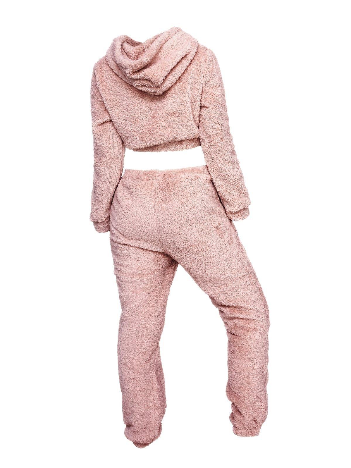 Solid Plush Hooded & Pocket Pants Set Product Image