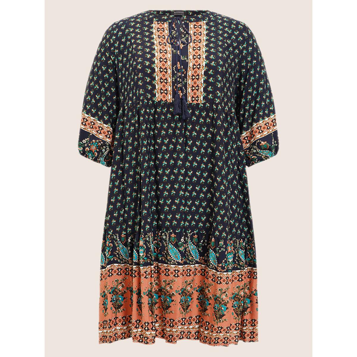 Plus Size Bandana Tassels Lantern Sleeve Ruffle Pocket Keyhole Neck Dress Indigo Women Resort V-neck Elbow-length sleeve Curvy Midi Dress BloomChic 14-16/1X Product Image