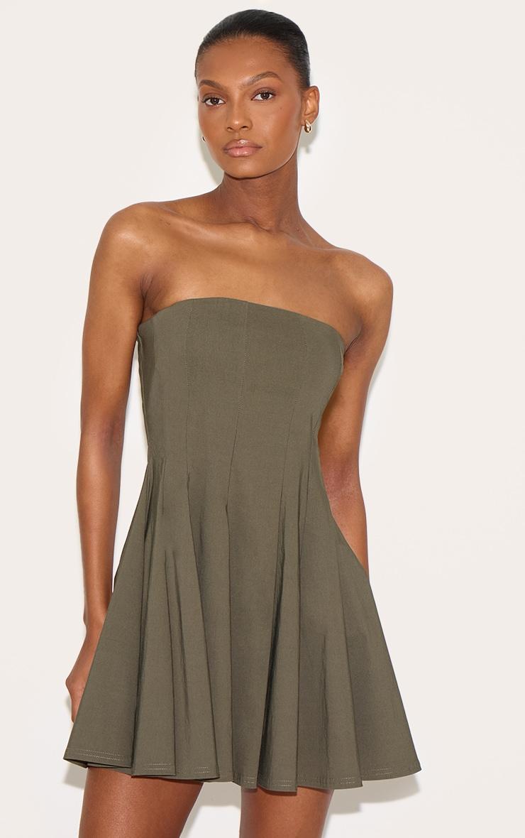 Khaki Stretch Woven Bandeau Pleated Shift Dress Product Image