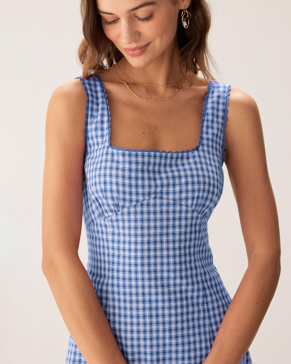 Blue Plaid Square Neck Slip Mini Dress Product Image