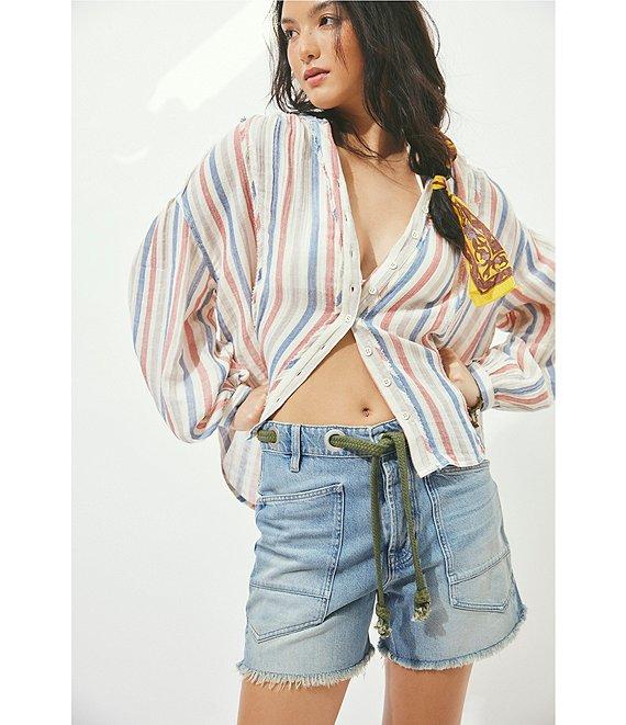 Free People We The Free Striped Valley Double Cloth Banded Collar Long Sleeve Shirt Product Image