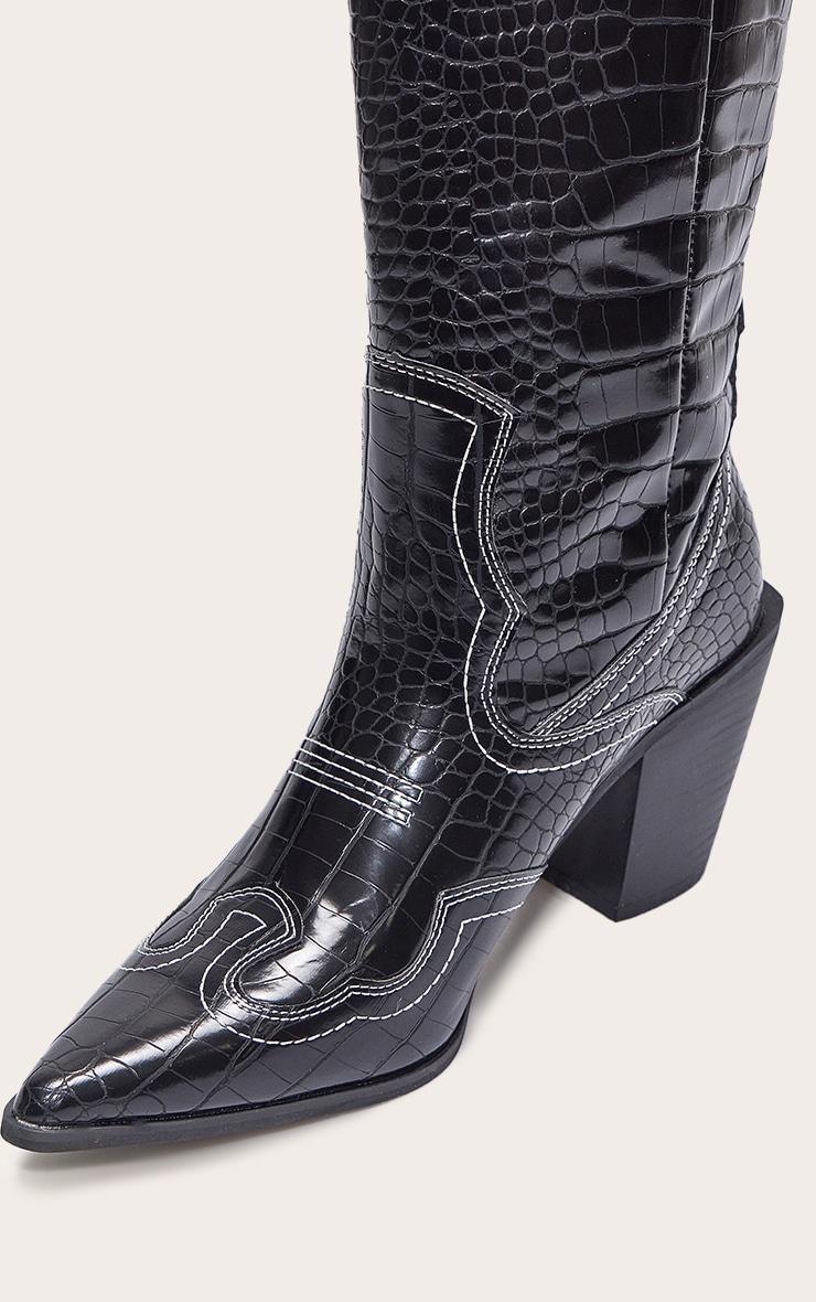 Black Croc Pu Point Toe Western Stitch Knee High Block Heeled Boots Product Image