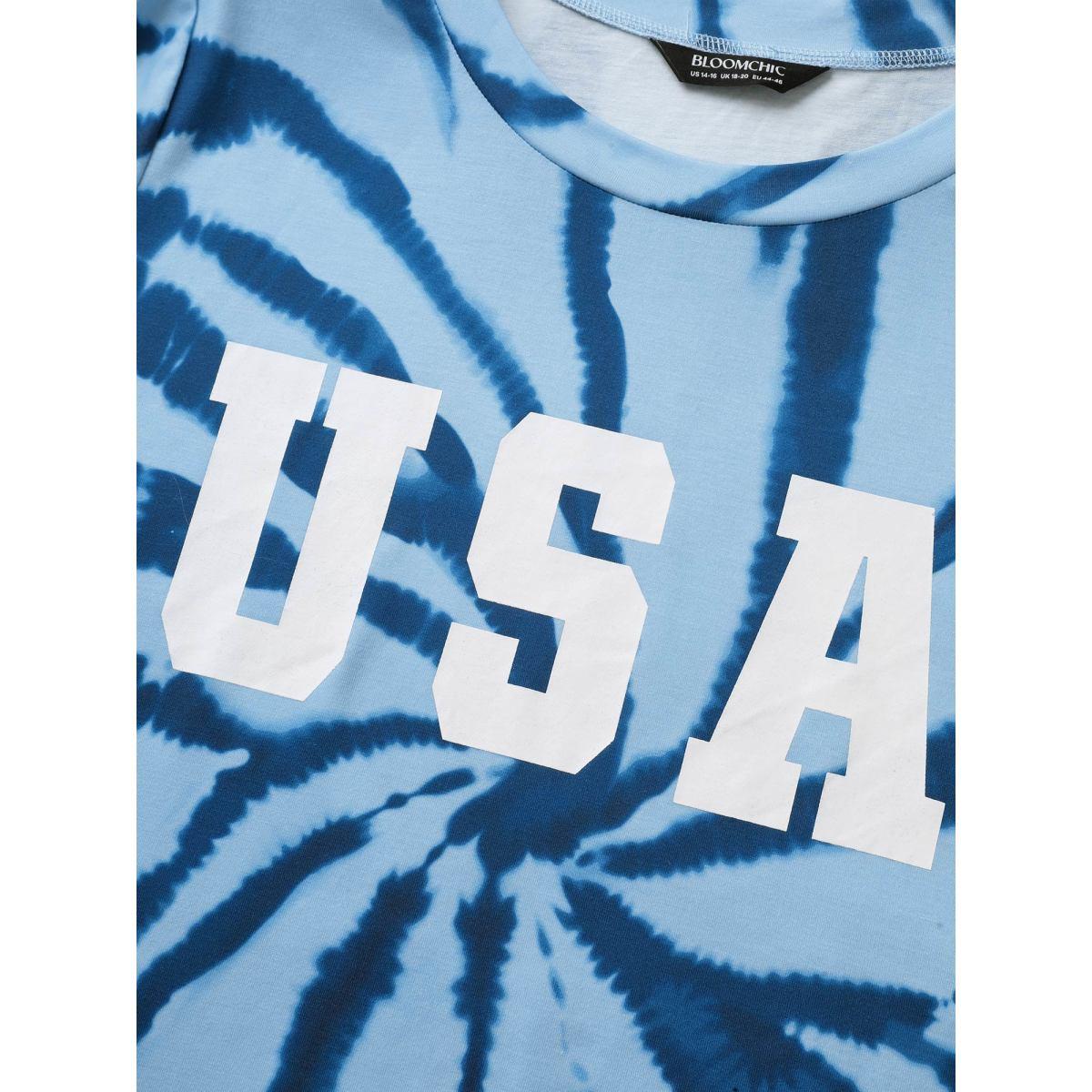 Plus Size USA Print Round Neck Tie Dye T-Shirt DarkBlue Women Casual Contrast Art&design Round Neck Everyday T-shirts BloomChic 14-16/1X Product Image