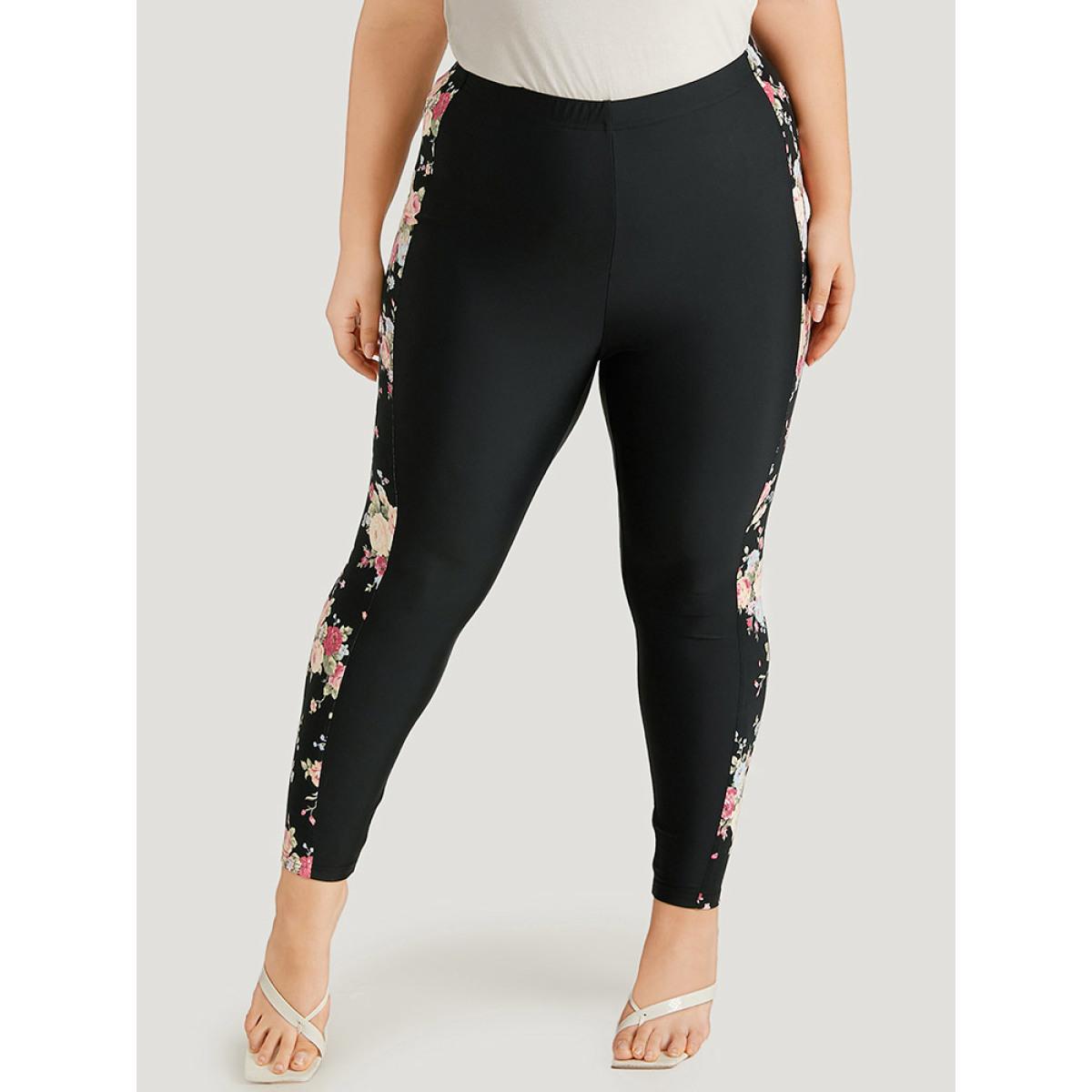 Plus Size Floral Print Elastic Waist High Rise Patchwork Leggings Women Black Elegant High stretch Skinny High Rise Dailywear Leggings BloomChic 22-24/3X Product Image