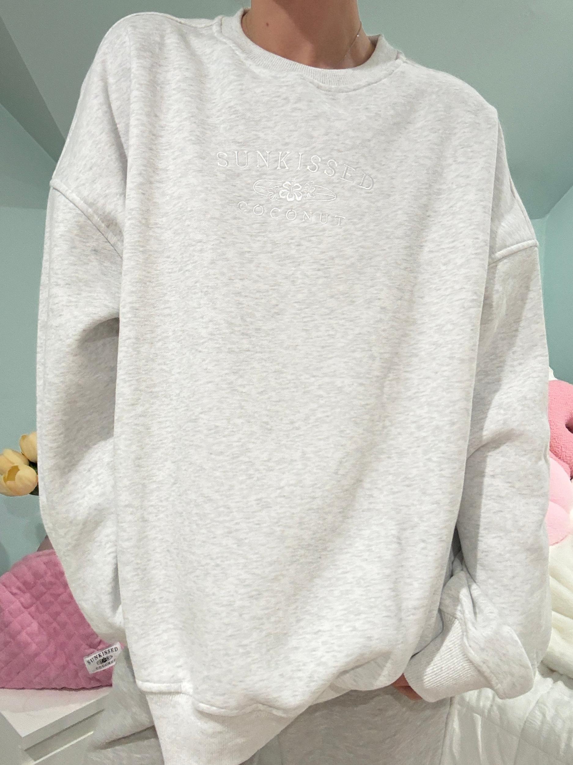 Pearl Grey and White Thread Sunkissedcoconut Embroider Sweatshirt Product Image