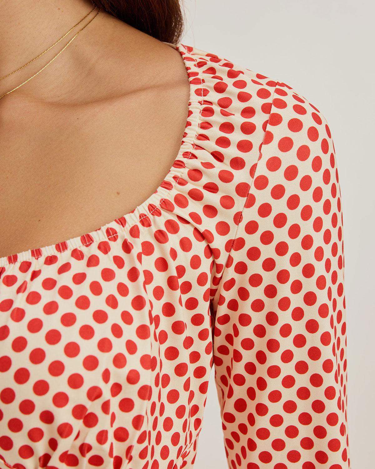 Red Polka Dot U-Neck Bell Sleeve Tee Product Image