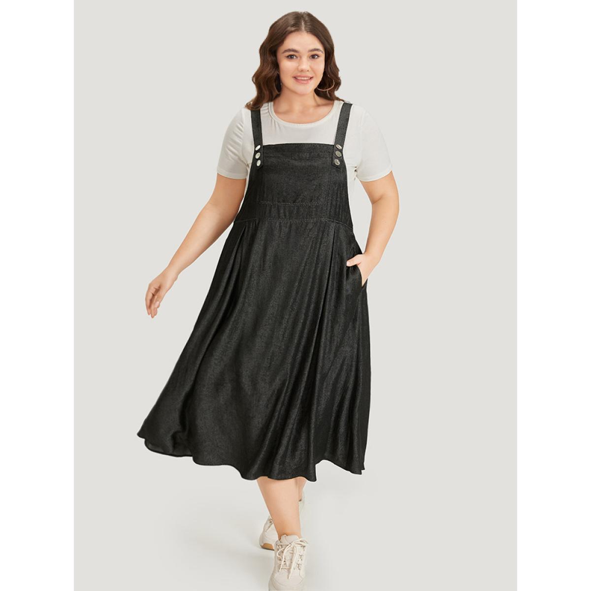 Plus Size Solid Sleeveless Gathered Pocket Overall Midi Dress Black Women Casual Adjustable Straps Spaghetti Strap Sleeveless Curvy Midi Dress BloomChic 18-20/2X Product Image