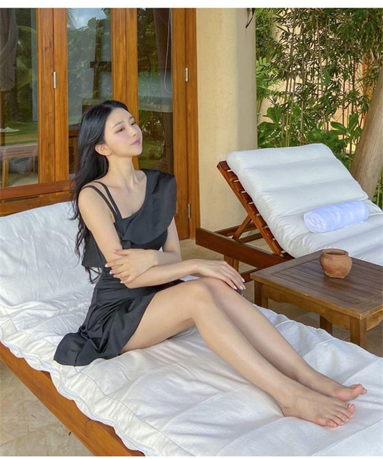 Asymmetrical Neck Plain Ruffle Swimdress Product Image