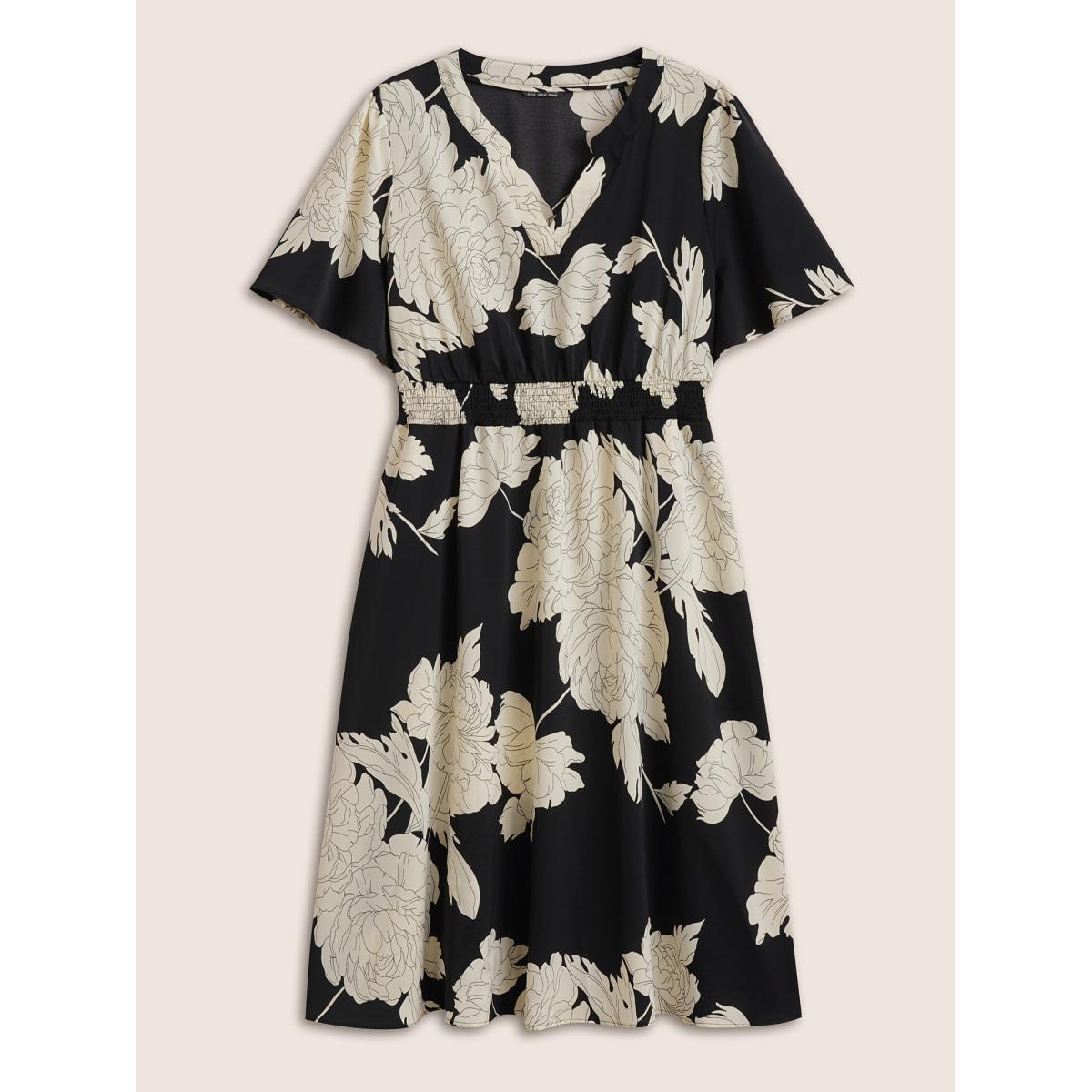Plus Size Floral Print Notched Belted Flutter Sleeve Dress Black Women Elegant Non Notched collar Short sleeve Curvy Midi Dress BloomChic 14-16/1X Product Image