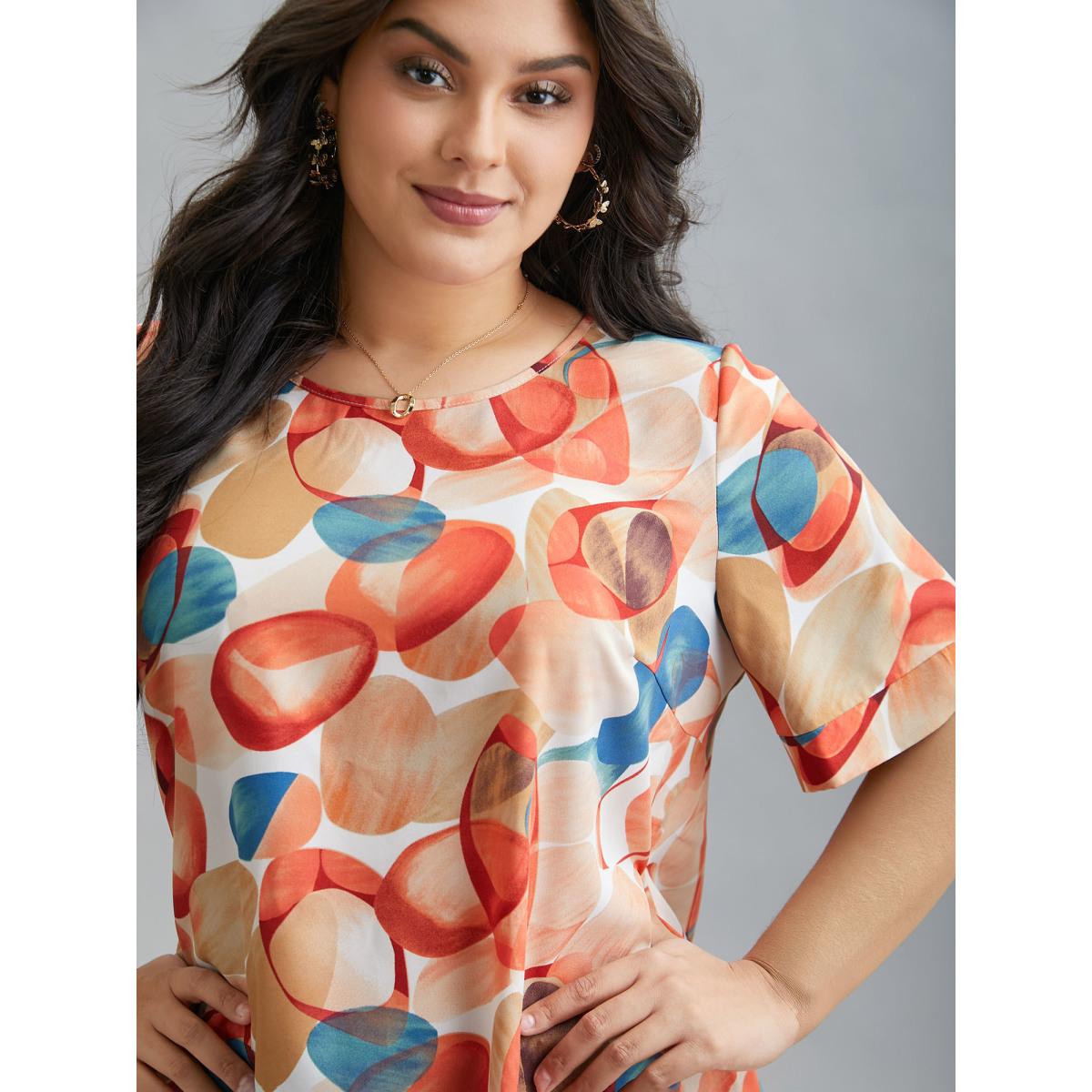 Plus Size Salmon Multi-Color Drops Round Neck Blouse Women Elegant Half Sleeve Round Neck Everyday Blouses BloomChic 28/5X Product Image