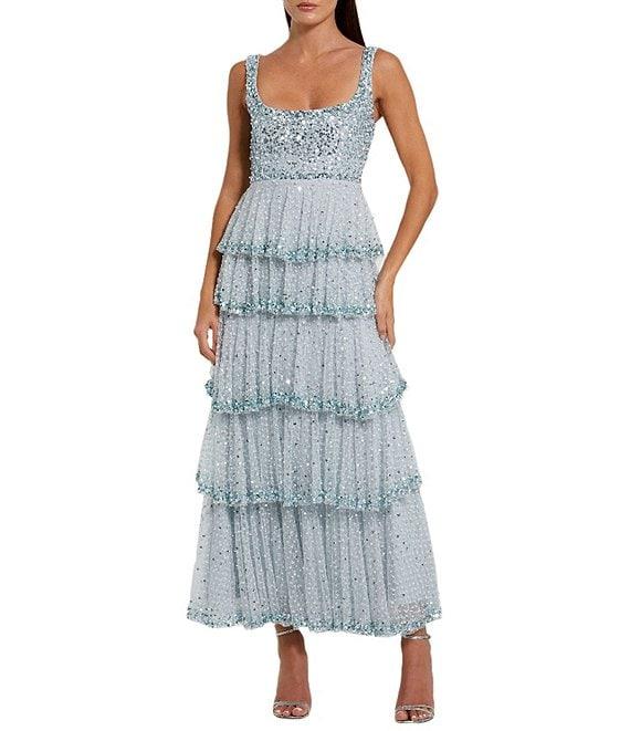 Mac Duggal Embellished Square Neck Sleeveless Ruffle Tiered Maxi Dress Product Image