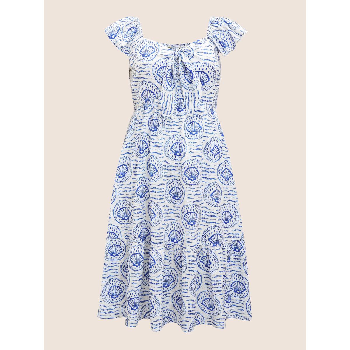 Plus Size Marine Elements Ruffles Tie Knot Maxi Dress LightBlue Women Resort Tie knot Heart neckline Cap Sleeve Curvy BloomChic 28/5X Product Image