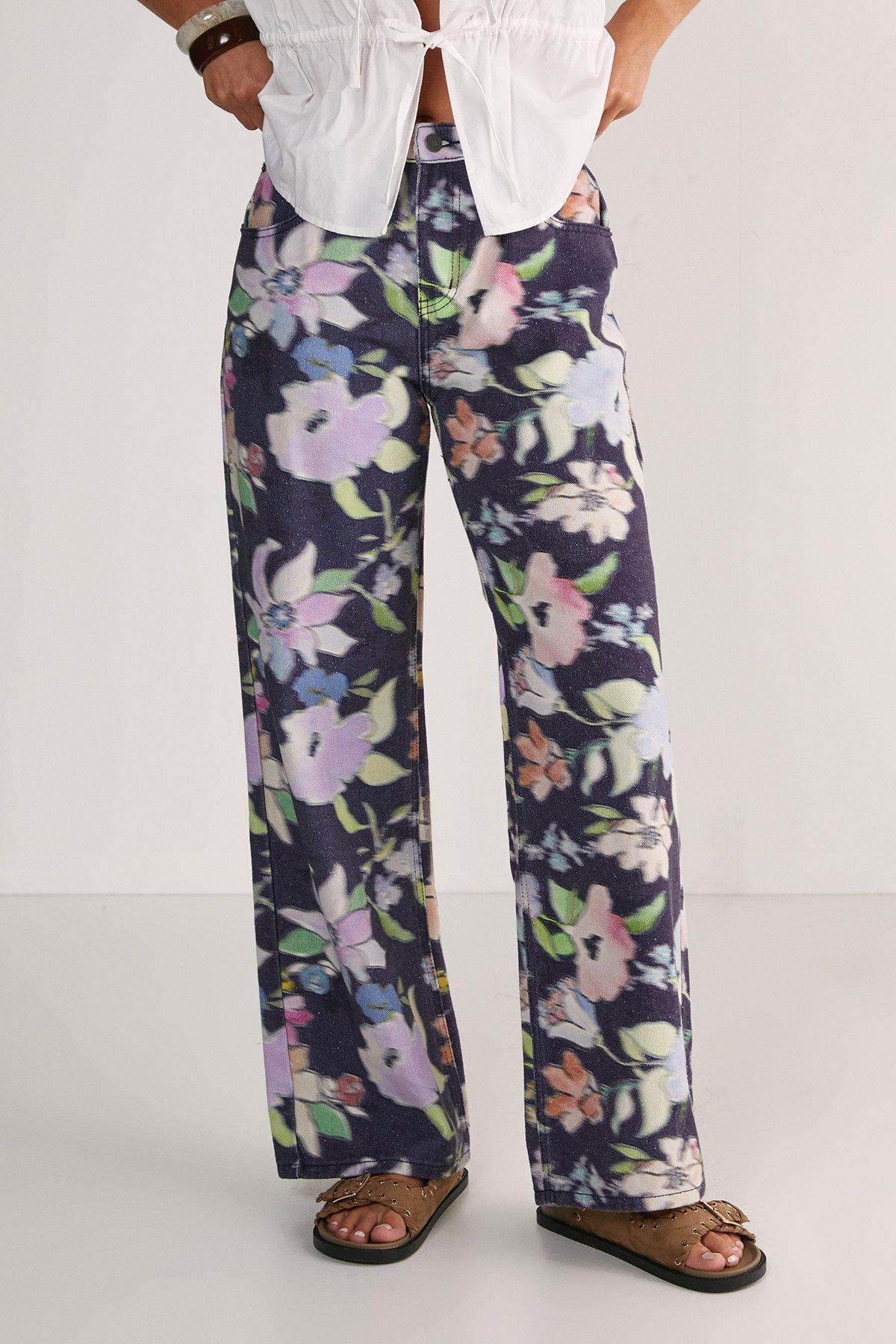 Floral Print Denim Wide Leg Jean Product Image