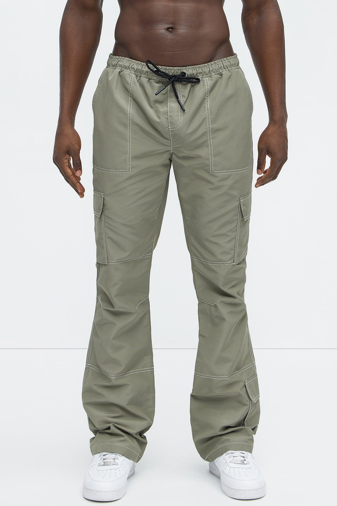 Contrast Stitch Nylon Flared Cargo Pants - Grey Product Image