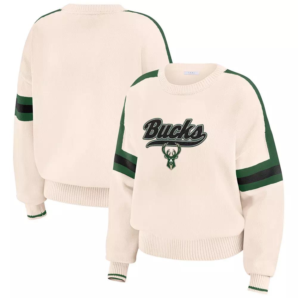 Women's WEAR by Erin Andrews  Cream Milwaukee Bucks Stripe Pullover Sweater, Size: 2XL, Beige Product Image