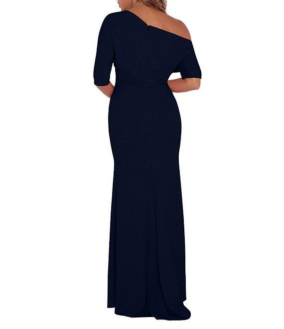 Betsy & Adam Scuba Crepe Asymmetric One Shoulder Short Sleeve Mermaid Gown Product Image
