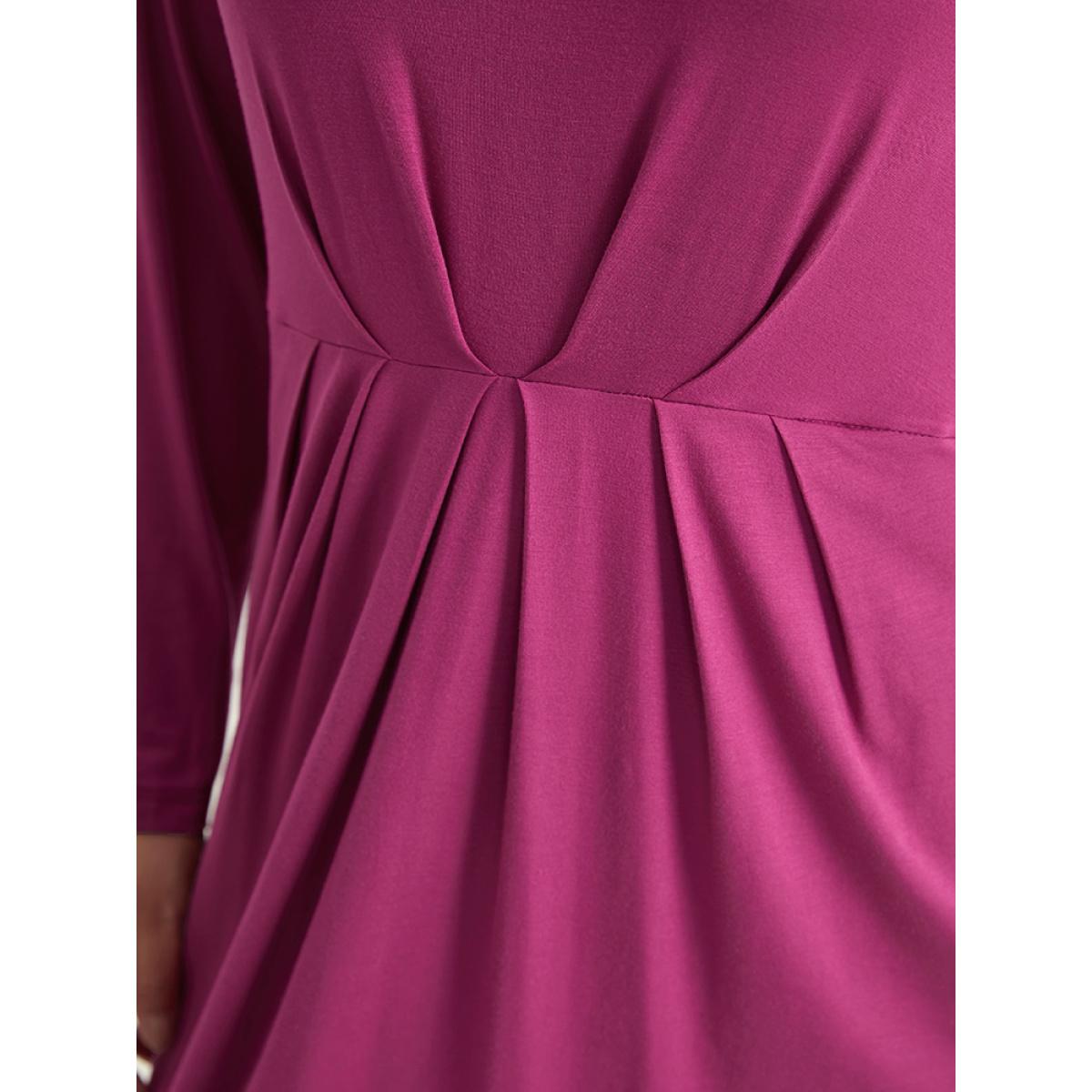 Plus Size Solid Pocket V Neck Plicated Detail Dress RedViolet Women Casual Plain V-neck Long Sleeve Curvy Midi Dress BloomChic 10/M Product Image