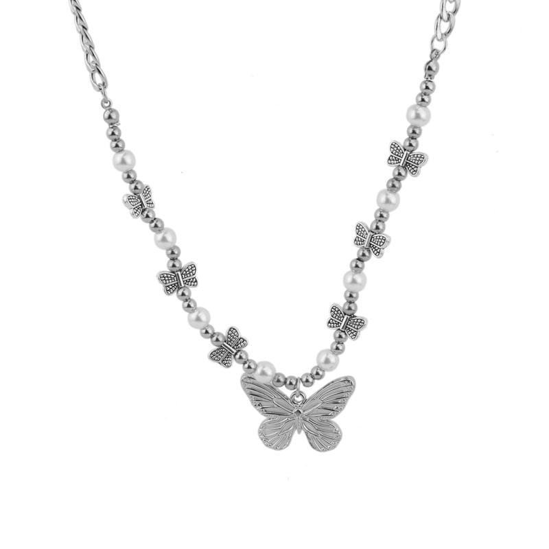Butterfly Pendant Faux Pearl Beaded Necklace Product Image
