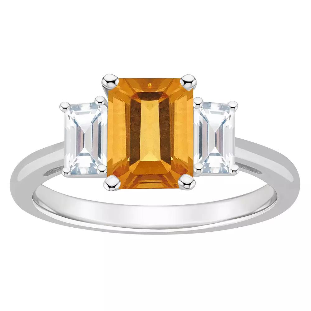 Alyson Layne Sterling Silver 8 mm x 6 mm Emerald Cut Gemstone & White Topaz Three-Stone Ring, Women's, Size: 9, Citrine Product Image