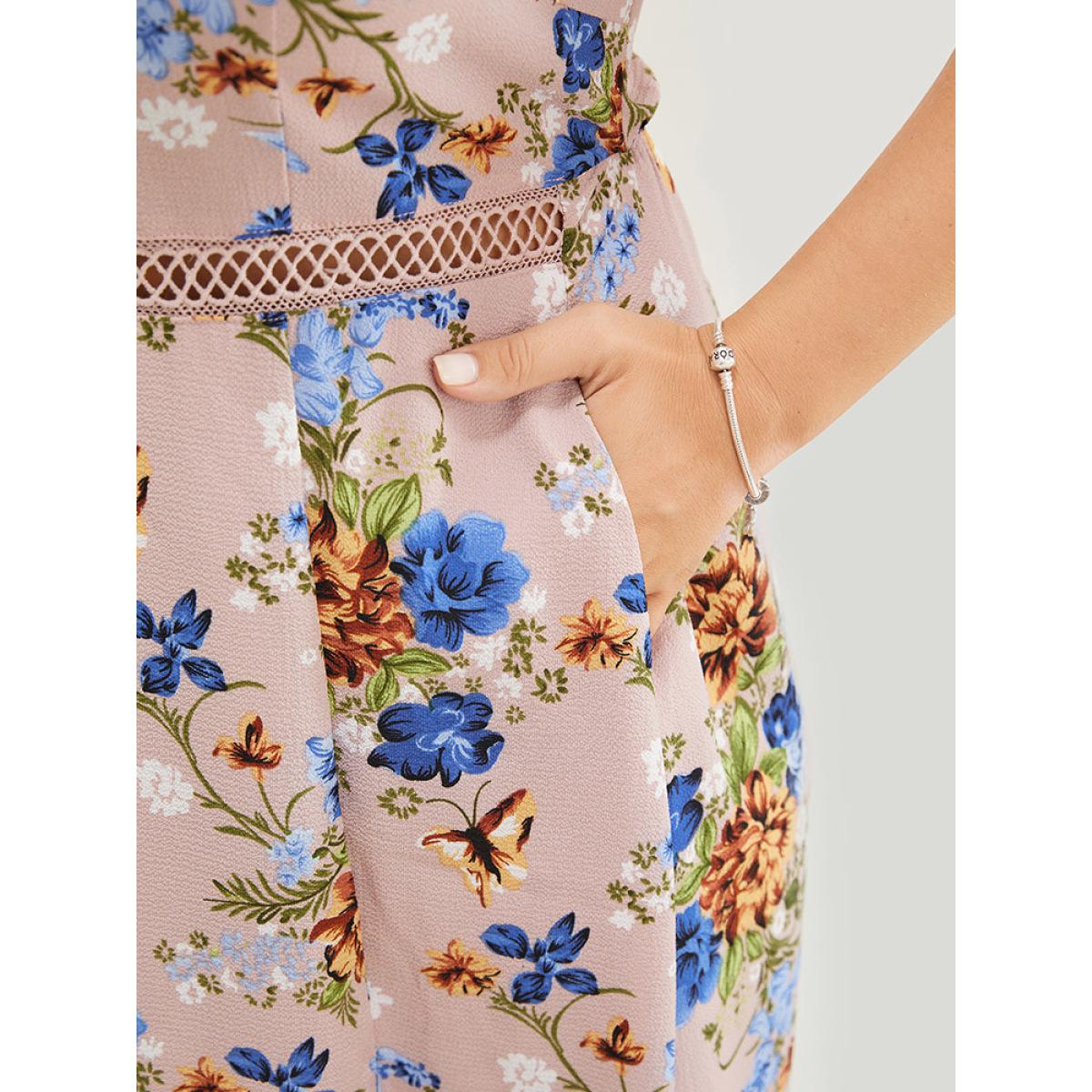 Plus Size Floral Pocket Lace Insert Split Pompom Trim Halter Dress Pink Women Elegant Lace Halter neck Sleeveless Curvy Midi Dress BloomChic 26/4X Product Image