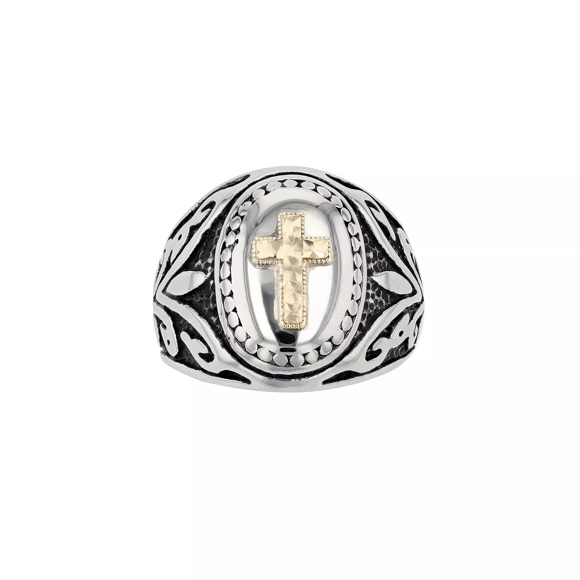Men's Kristen Kesho 14k Gold Over Steel Cross Oval Antique Signet Ring, Size: 9, Stainless Product Image