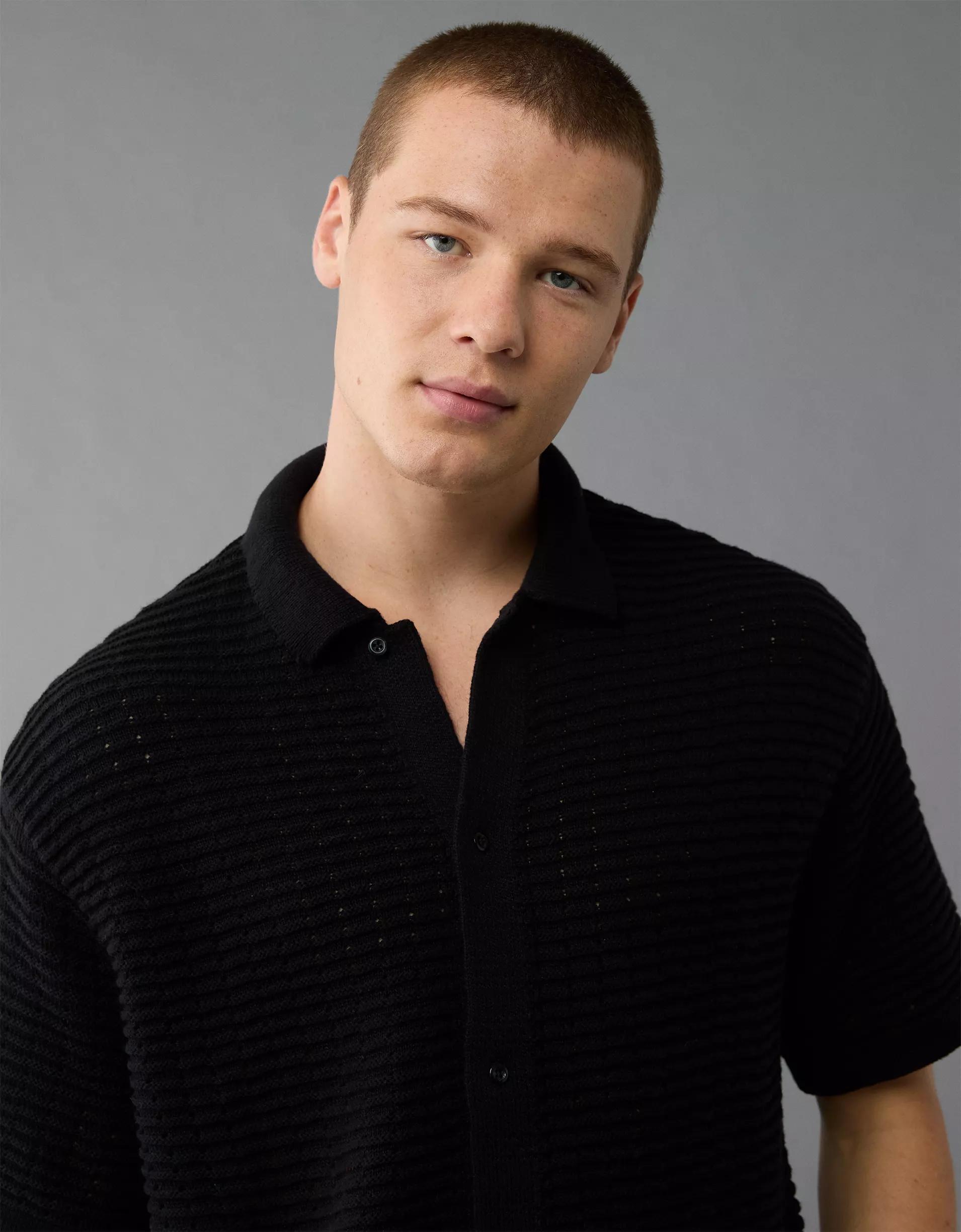 AE Weekend Textured Button-Up Sweater Polo Shirt Product Image