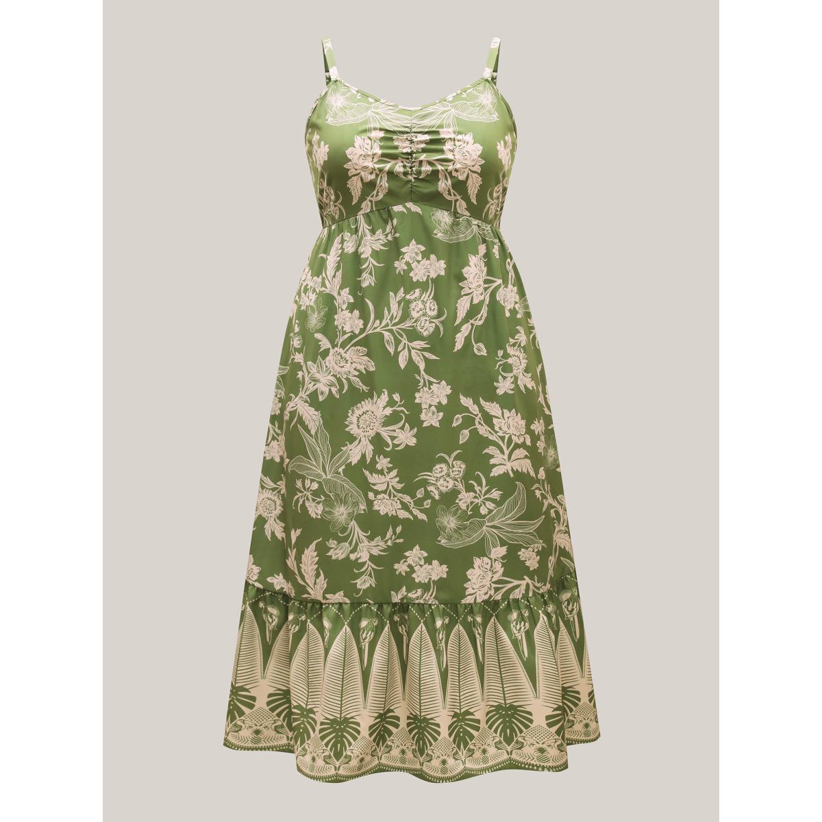 Plus Size Tropical Print Tied Front Pockets Midi Dress Moss Women Gathered V-neck Sleeveless Curvy BloomChic 18-20/2X Product Image