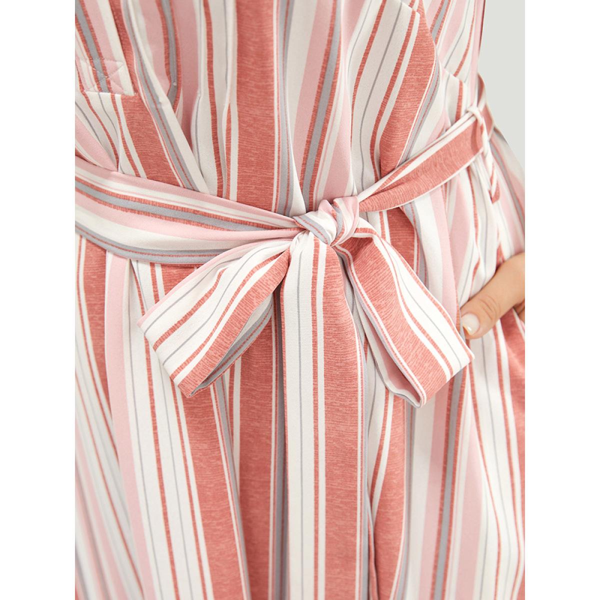 Plus Size Striped Contrast Belted Pocket Notched Tank Dress Multicolor Women Casual Contrast Notched collar Sleeveless Curvy Midi Dress BloomChic 18-20/2X Product Image