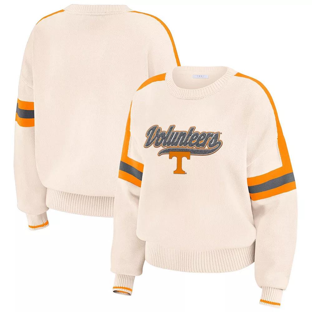 Women's WEAR by Erin Andrews Cream Tennessee Volunteers Chenille Woven Patch Stripe Pullover Sweater,  Product Image