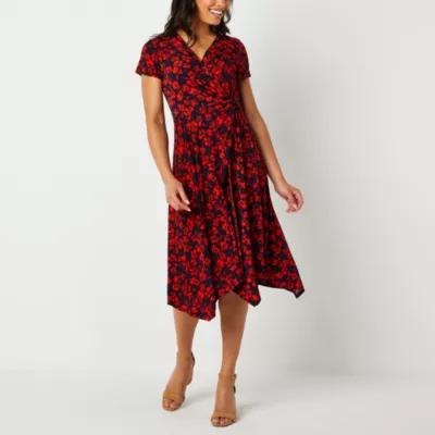 Perceptions Womens Short Sleeve Floral Midi Fit + Flare Dress Product Image