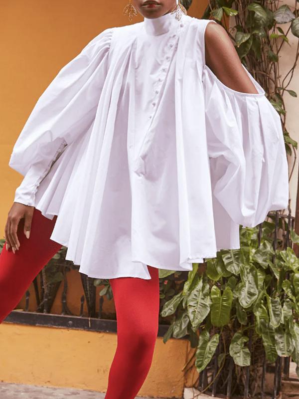 Loose Over Size Buttoned Solid Color High Neck Blouses&Shirts Tops Product Image