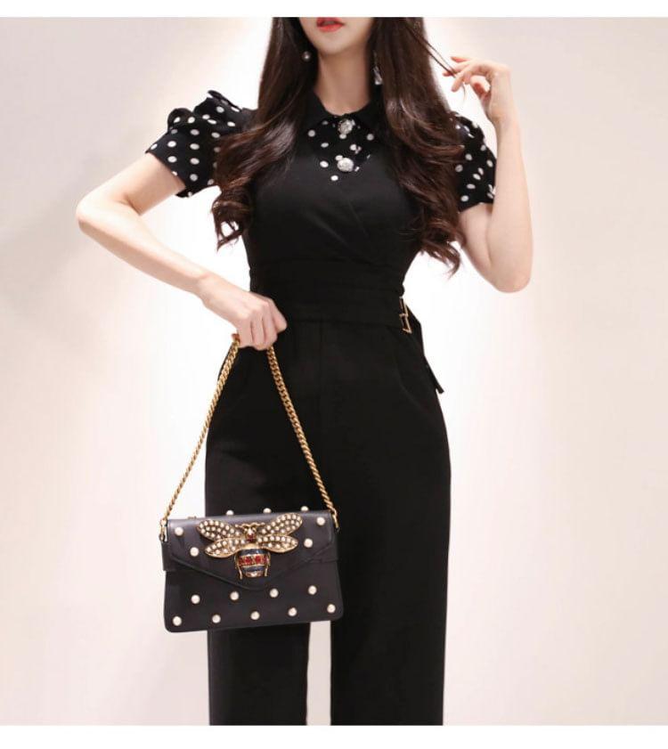 Set: Short-Sleeve Collared Dotted Button Up Blouse + V-Neck Plain Straight Leg Jumpsuit Product Image