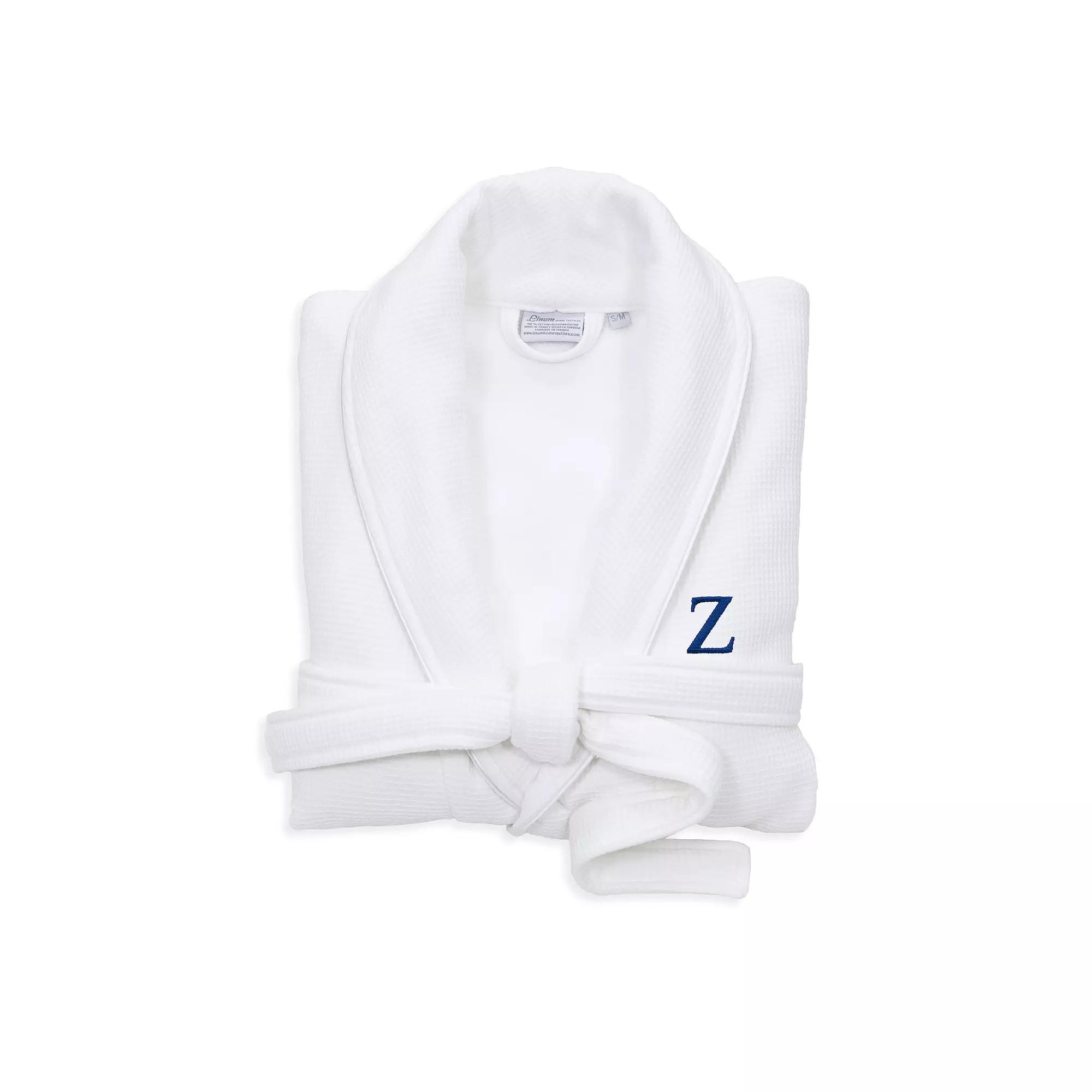 Linum Home Textiles Turkish Cotton Personalized Satin Piped Trim Waffle Terry White Bathrobe, Adult Unisex,  Product Image