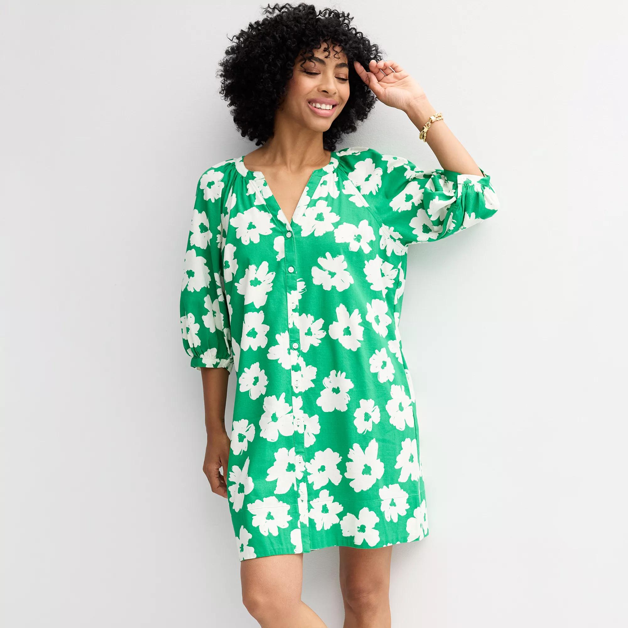 Petite Sonoma Goods For Life® Button-Front Shift Dress, Women's, Size: Large Petite, Medium Green Floral Product Image