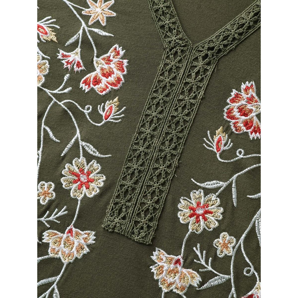 Plus Size Floral Embroidery Lace Trim T-Shirt ArmyGreen Women Leisure Woven ribbon&lace trim Flat collar with V-notch Casual T-shirts BloomChic 22-24/3X Product Image