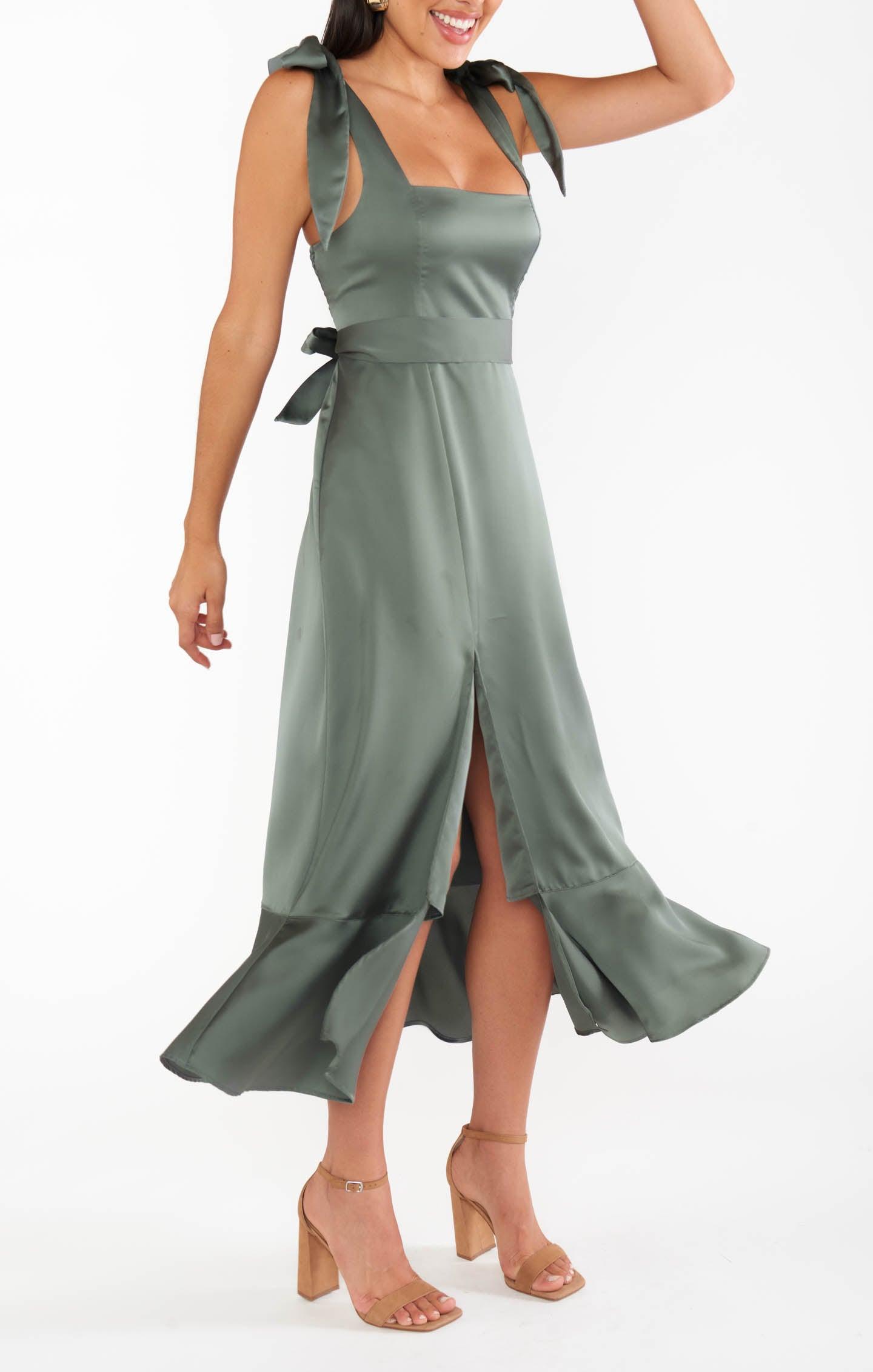 Claire Midi Dress ~ Deep Sage Luxe Satin Product Image