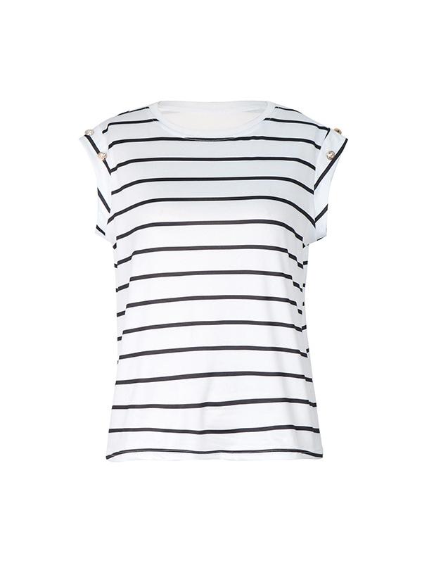 Loose Short Sleeves Split-Joint Striped Round-Neck T-Shirts Product Image
